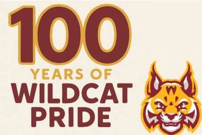 Text reads 100 Years of Wildcat Pride next to a stylized wildcat mascot head, featuring bold maroon, gold, and white colors.